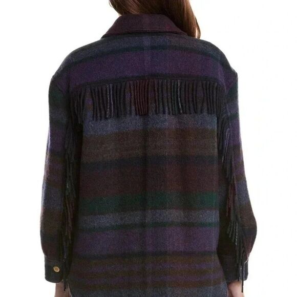 House of Harlow 1960 Oversized Western Fringed Plaid Jacket Size XXS Blue Purple - Picture 6 of 14